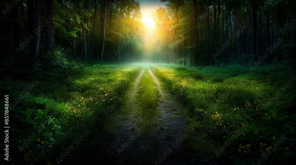 Sunlit forest path with lush green grass and tall trees bathed in soft, ethereal sunlight, creating a tranquil and serene atmosphere. Sunlit forest path with lush green grass and tall trees bathed in soft, ethereal sunlight, creating a tranquil and serene atmosphere.