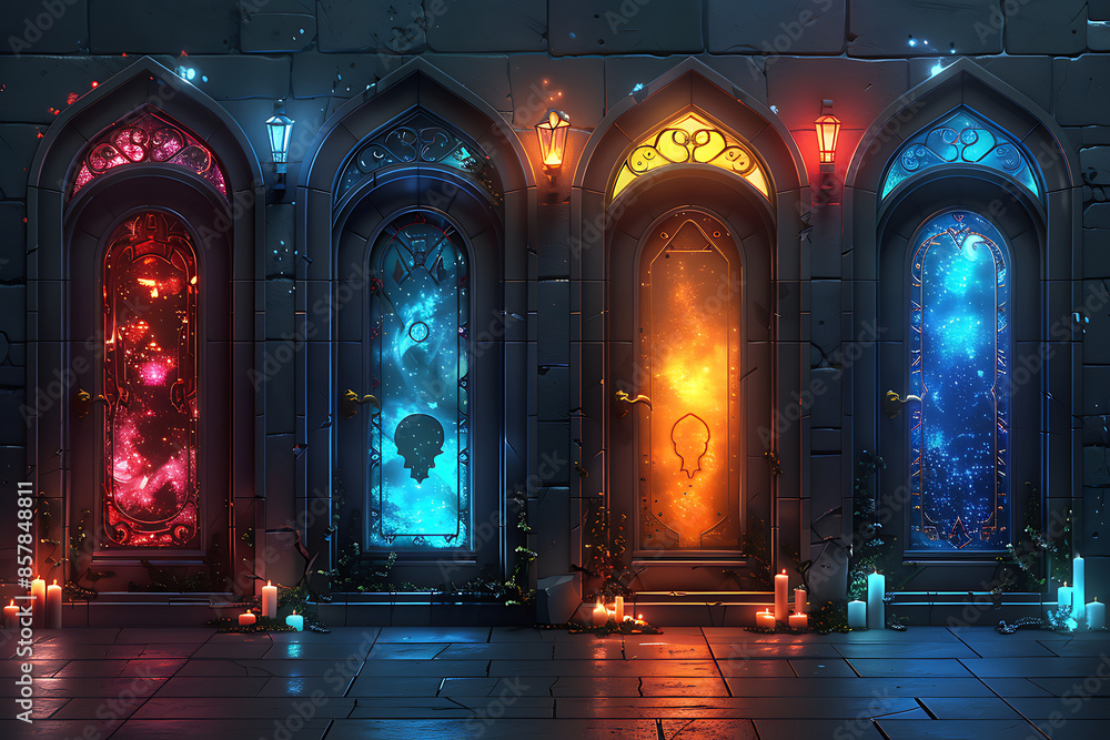 Parallel Runes Raster illustration of wooden gate in dim clouds in an empty room ...