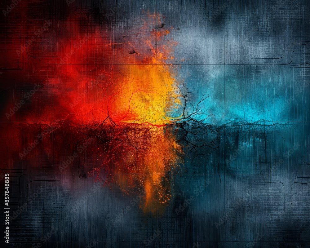 Vibrant abstract art with fiery red, yellow, and cool blue tones blending seamlessly. Modern digital painting perfect for contemporary spaces. Vibrant abstract art with fiery red, yellow, and cool blue tones blending seamlessly. Modern digital painting perfect for contemporary spaces.