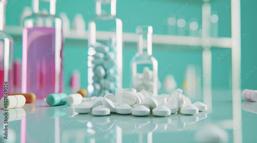 Pills on a Desk with Lab Background Pills on a Desk with Lab Background