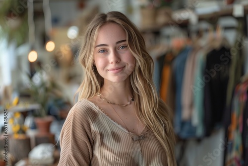attractive young woman fashion business owner posing at clothing store. ai generative