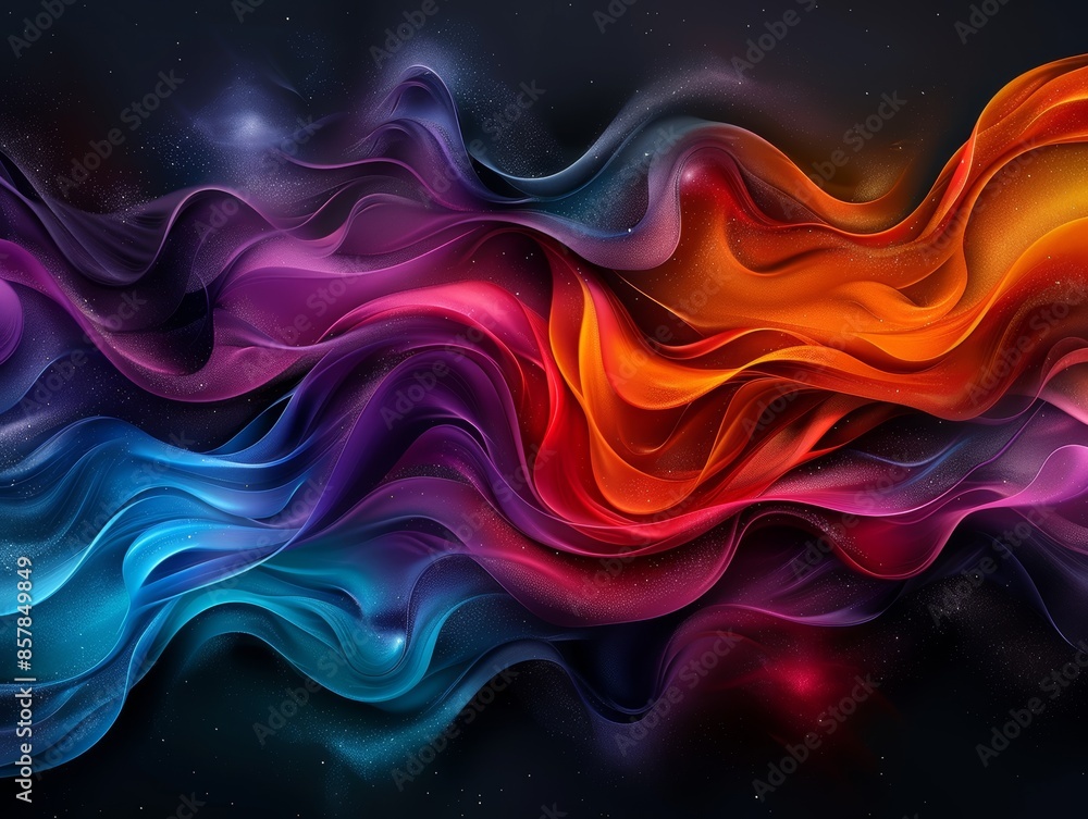 Vibrant abstract waves of colorful light blending seamlessly on a dark background, creating a dynamic and mesmerizing visual effect. Vibrant abstract waves of colorful light blending seamlessly on a dark background, creating a dynamic and mesmerizing visual effect.
