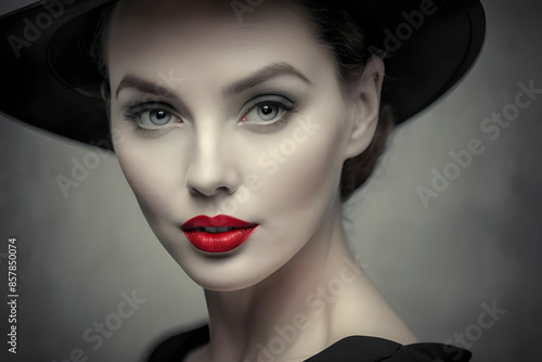 Red Lips Make up Closeup. Mysterious Fashion Woman Face Hidden by Black brimmed Hat. Elegant Retro Lady Fine Art Portrait over Gray Background © Nyetock