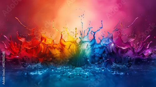 Vibrant splashes of colorful water in a stunning rainbow spectrum against a gradient background, perfect for creative and artistic designs.