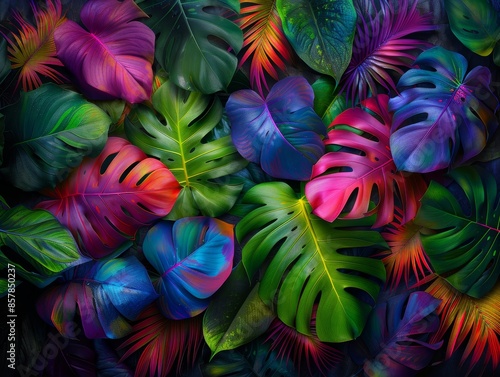 Vibrant tropical leaves with a mix of colors, showcasing the beauty of nature with an artistic twist, perfect for backgrounds and designs.