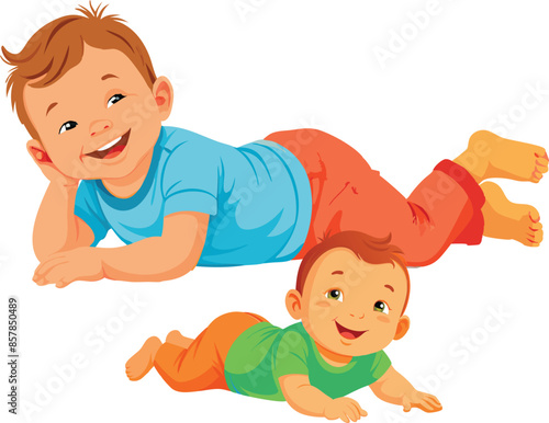 Happy baby boy lying on his belly on white background