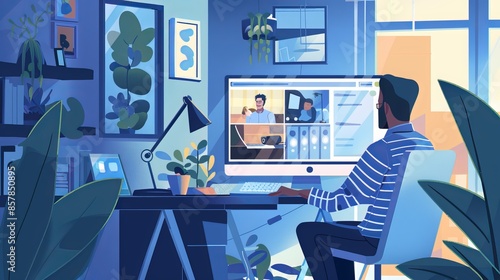 Virtual Meeting from Home: During a virtual meeting, a work-from-home professional connects with colleagues via video conference, discussing projects and sharing ideas from the comfort of their home