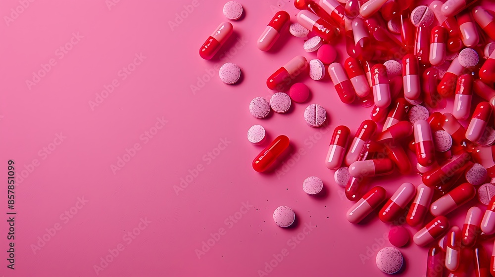 Pills spilled pink and red background