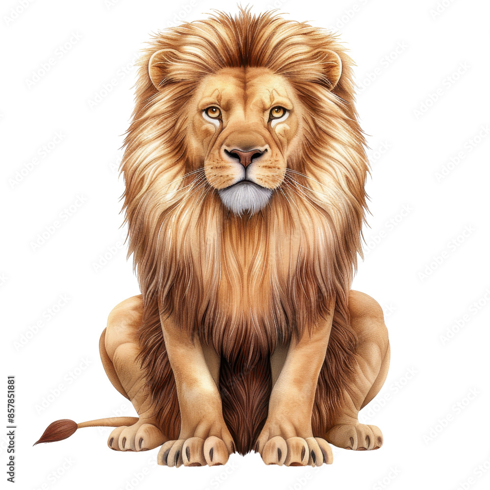 Obraz premium Majestic lion with a lush mane sitting regally, symbolizing strength and royalty in the animal kingdom, isolated on a white background. isolated white background, transparent background, PNG