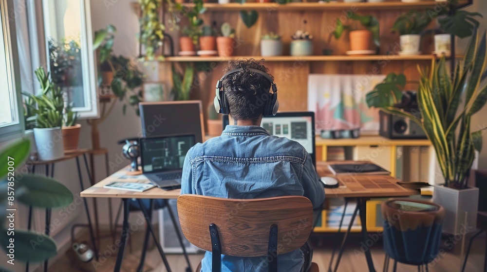 Work-from-Home Setup: At home, a remote worker sets up their workspace with a laptop, ergonomic chair, and noise-canceling headphones, creating a comfortable environment for productivity Work-from-Home Setup: At home, a remote worker sets up their workspace with a laptop, ergonomic chair, and noise-canceling headphones, creating a comfortable environment for productivity