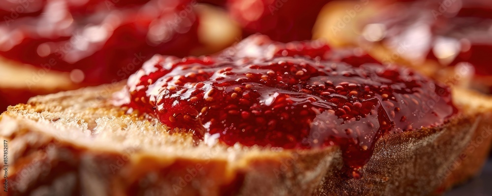 Obraz premium Close-up of a slice of bread with a generous spread of delicious raspberry jam, perfect for a breakfast or snack.