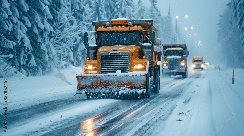Snow Plow Truck Clearing Road in Snowy Winter Snow Plow Truck Clearing Road in Snowy Winter