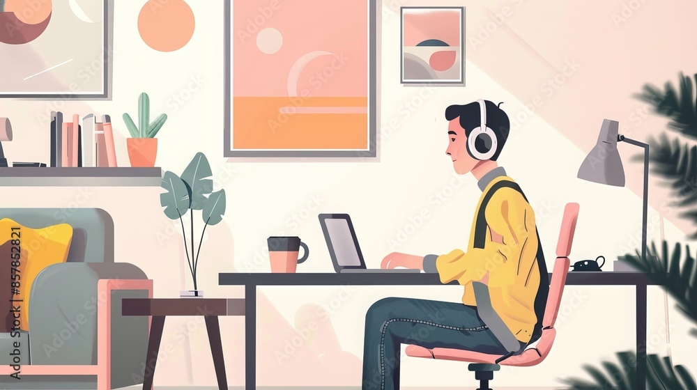 Fototapeta premium Work-from-Home Setup: At home, a remote worker sets up their workspace with a laptop, ergonomic chair, and noise-canceling headphones, creating a comfortable environment for productivity 
