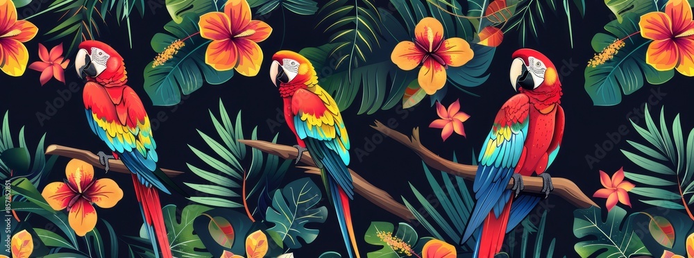 Tropical leaves and exotic birds in a bright collage. Abstract background of nature. Tropical leaves and exotic birds in a bright collage. Abstract background of nature.