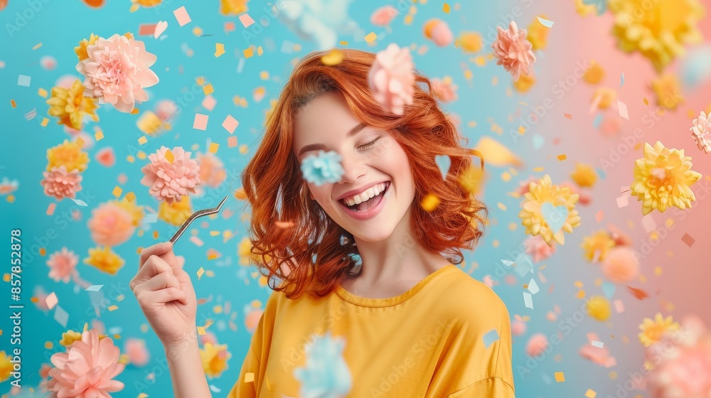 Photo of redhead girl posing in an autumn home setting holding a tool, while pastel flowers and confetti fly in the wind. Fashion yellow shirt outfit in fall colors. Creative pastel background. Photo of redhead girl posing in an autumn home setting holding a tool, while pastel flowers and confetti fly in the wind. Fashion yellow shirt outfit in fall colors. Creative pastel background.