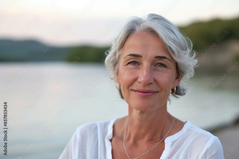 A woman with short gray hair is smiling at the camera. She is wearing a white shirt and a necklace. The scene takes place by a body of water, which adds to the peaceful and serene atmosphere A woman with short gray hair is smiling at the camera. She is wearing a white shirt and a necklace. The scene takes place by a body of water, which adds to the peaceful and serene atmosphere