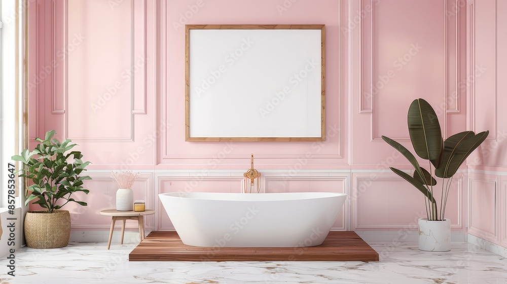 An elegant bathroom setting in 3D with a framed poster on pink wall, terrazzo flooring, and natural lighting An elegant bathroom setting in 3D with a framed poster on pink wall, terrazzo flooring, and natural lighting