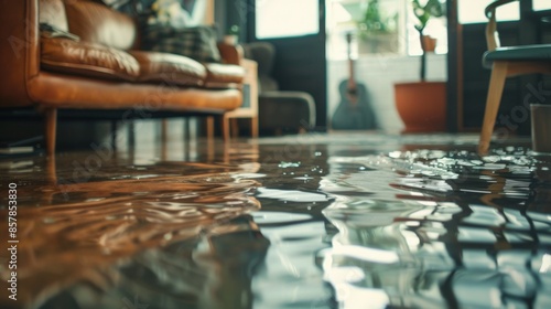flood in an apartment or house, flooded household items and furniture. accident flooding in the apartment