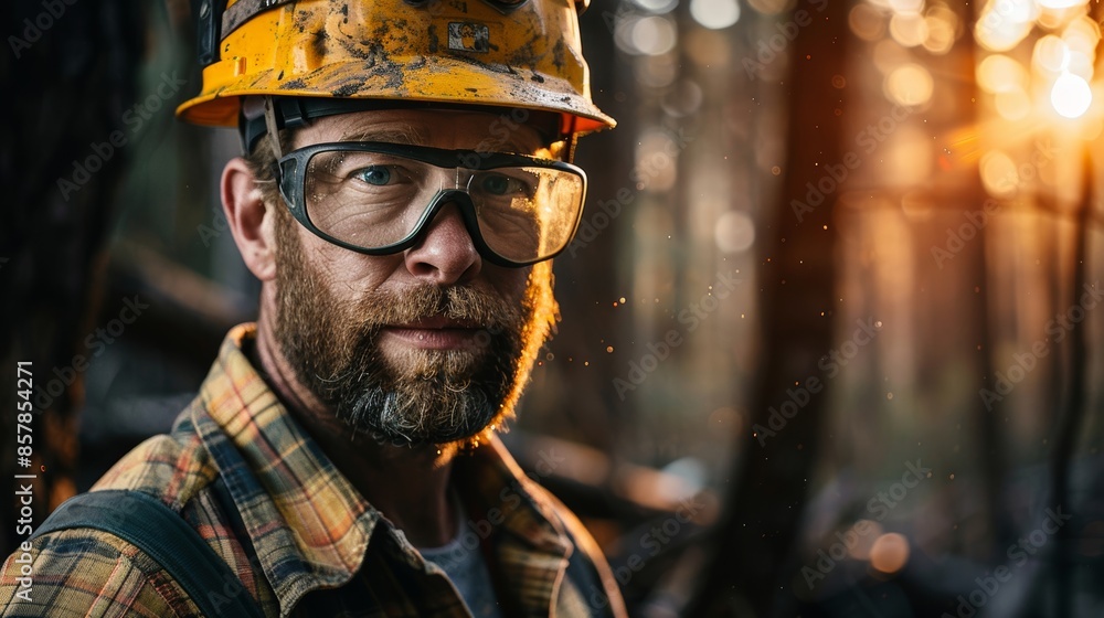 In a natural light outdoor setting, a bearded construction worker wears a hard hat and safety glasses. A poster and print illustrating the concept of construction and labor are presented. In a natural light outdoor setting, a bearded construction worker wears a hard hat and safety glasses. A poster and print illustrating the concept of construction and labor are presented.