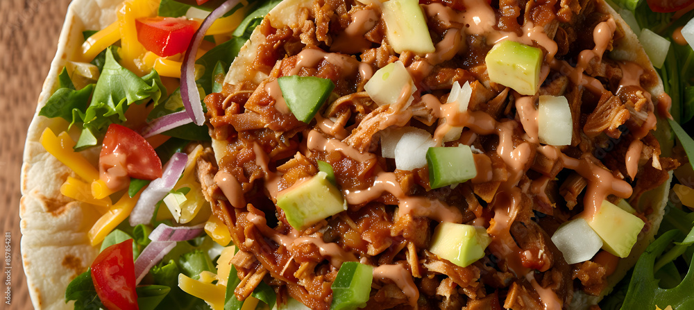 A close-up of a fast food jackfruit taco, showcasing the fresh ingredients and textures A close-up of a fast food jackfruit taco, showcasing the fresh ingredients and textures
