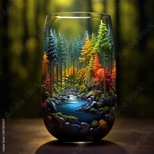 A glass vase with a forest scene inside