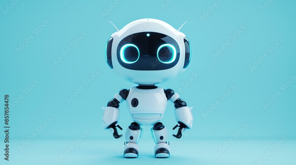Cute and friendly robot standing on a blue background. The robot has ...