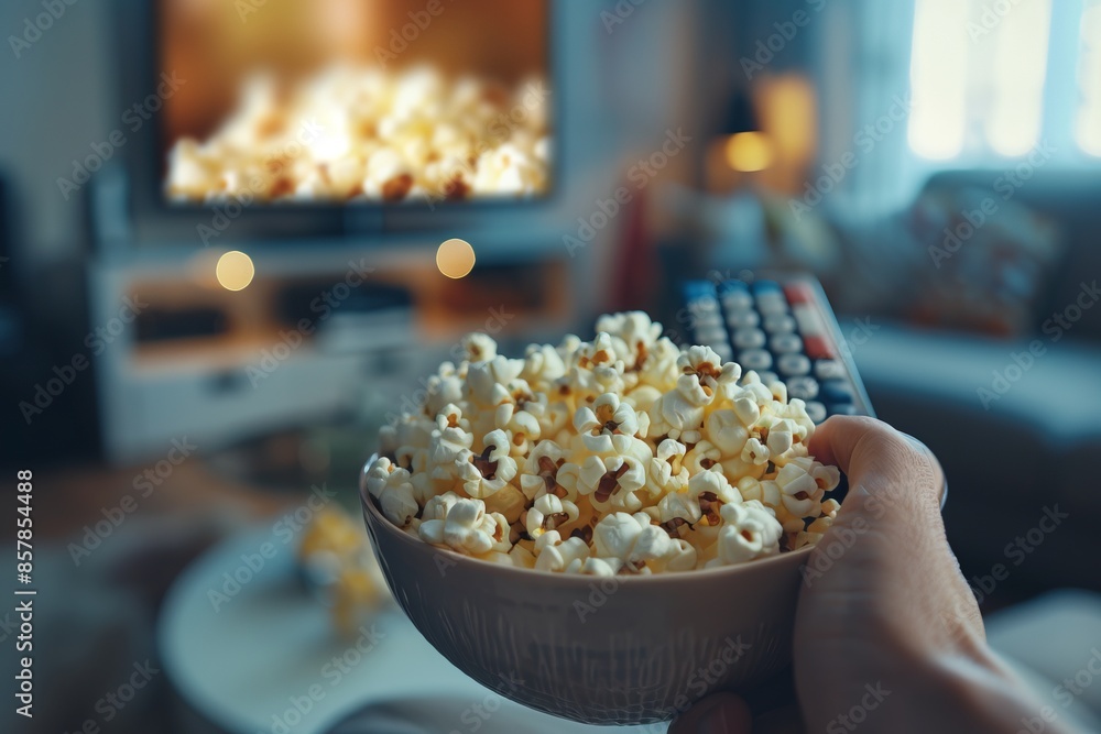Relaxing movie night at home. Close-up of a hand holding a bowl of popcorn with a TV remote. Cozy living room setting with warm lighting. Perfect for entertainment and lifestyle themes. Generative AI Relaxing movie night at home. Close-up of a hand holding a bowl of popcorn with a TV remote. Cozy living room setting with warm lighting. Perfect for entertainment and lifestyle themes. Generative AI
