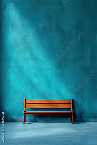 Minimalist poster with a wooden bench against a textured teal wall, bathed in soft light. Ideal for church or festival promotion, symbolizing contemplation, reflection, and tranquility. © PhotoGranary