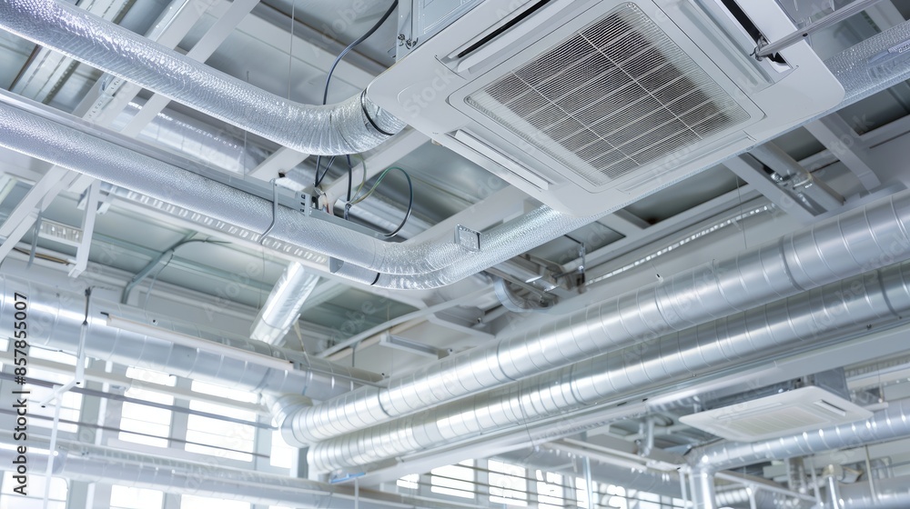 A modern building interior with an air conditioning unit mounted on the ceiling and exposed ductwork A modern building interior with an air conditioning unit mounted on the ceiling and exposed ductwork