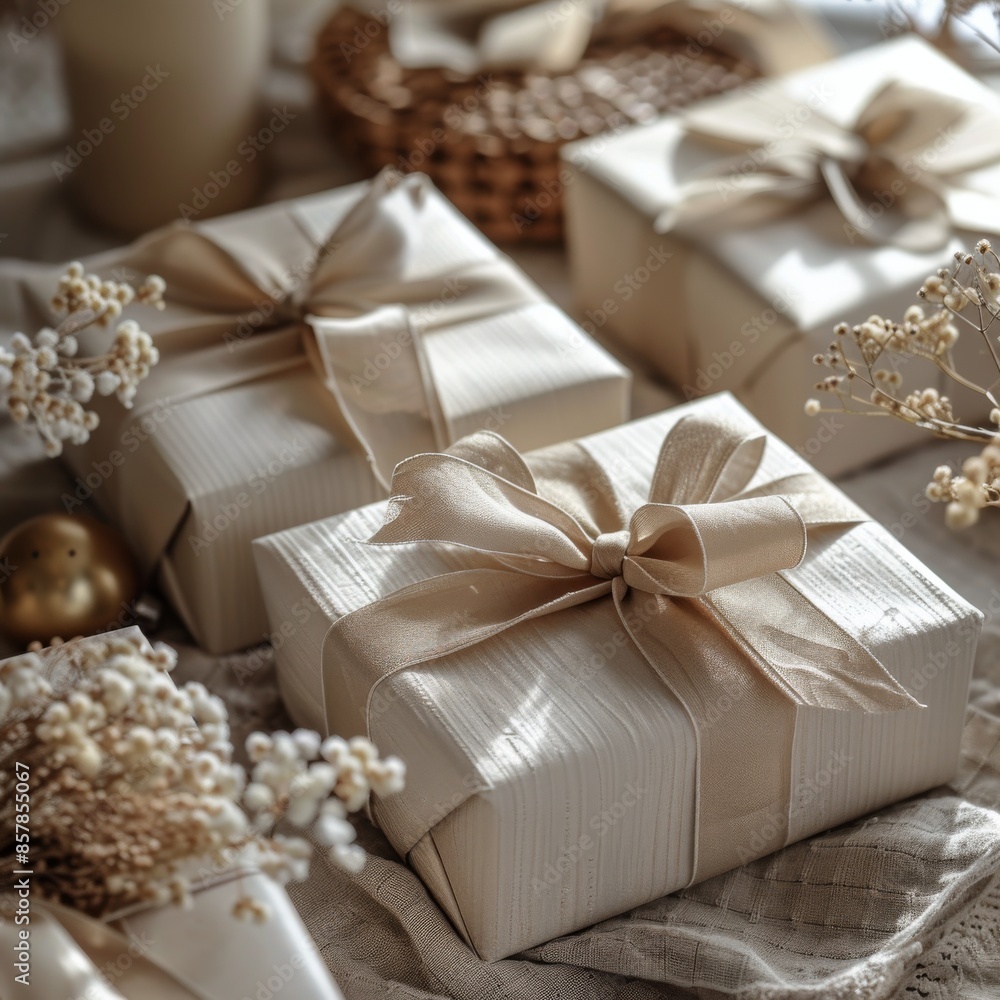 Beautifully Wrapped Beige Gift Boxes With Satin Ribbons on a Linen Tablecloth Beautifully Wrapped Beige Gift Boxes With Satin Ribbons on a Linen Tablecloth