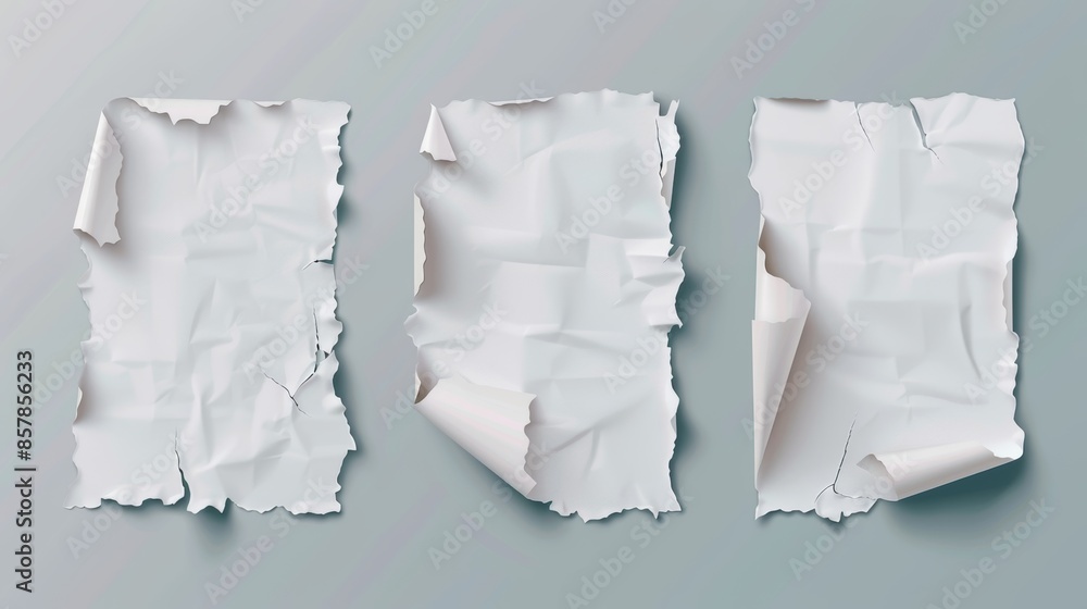 Torn notebook pages with square grid and striped pattern. Ripped paper scraps with square grid, modern realistic illustration. Torn notebook pages with square grid and striped pattern. Ripped paper scraps with square grid, modern realistic illustration.