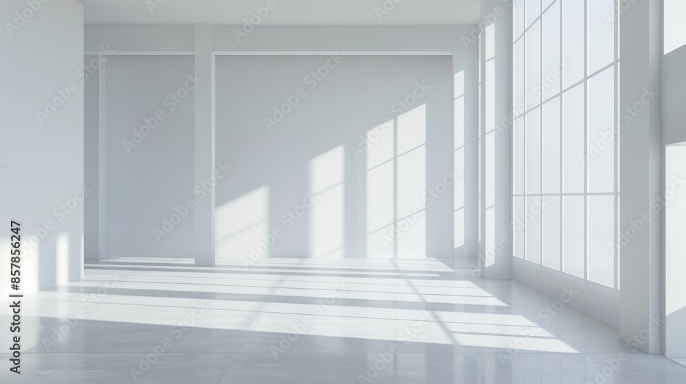 This modern realistic illustration in perspective view shows an empty room with big windows. The interior of a modern building has white walls, floor, ceiling and glass windows. This could be a This modern realistic illustration in perspective view shows an empty room with big windows. The interior of a modern building has white walls, floor, ceiling and glass windows. This could be a