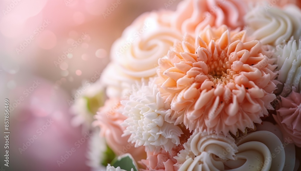Delicate peach and white buttercream flowers beautifully crafted on a cake, showcasing intricate and elegant icing designs with a soft-focus background. Delicate peach and white buttercream flowers beautifully crafted on a cake, showcasing intricate and elegant icing designs with a soft-focus background.