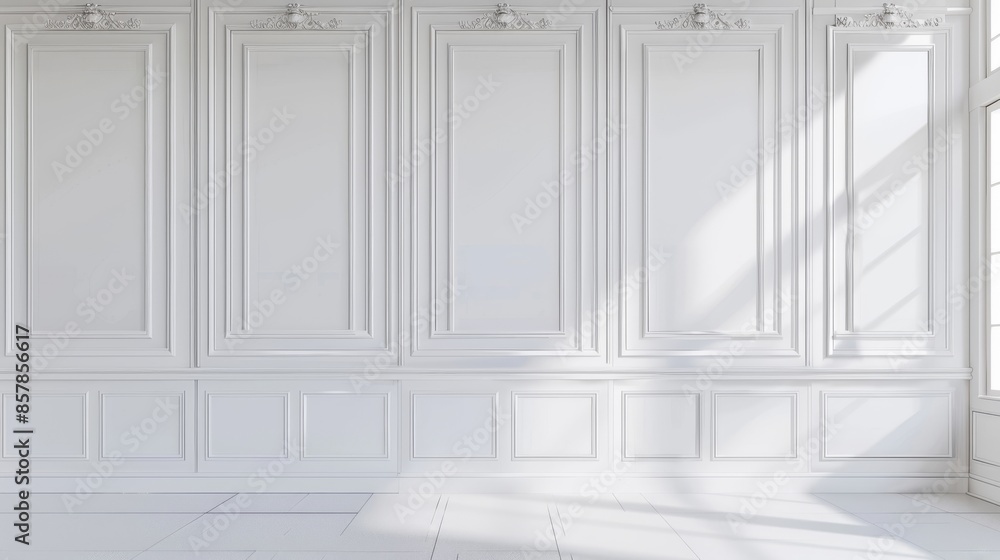 The white victorian style wall is decorated with wooden moldings. Modern illustration of art deco panel in elegant room of museum, office, art gallery, house, or palace. Interior design element. The white victorian style wall is decorated with wooden moldings. Modern illustration of art deco panel in elegant room of museum, office, art gallery, house, or palace. Interior design element.