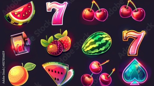 A set of casino cartoon slot machine icons. 777, dollar, watermelon, and bar modern assets for online gambling projects. Glossy lottery modern illustration set. photo