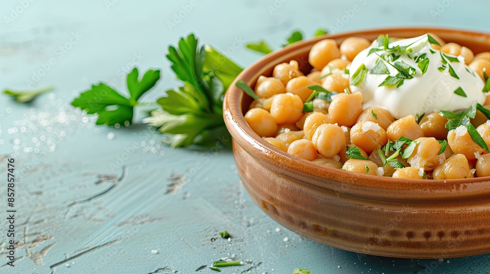A close-up of a bowl of creamy chickpea and rice soup topped with parsley and served with a side of chickpeas A close-up of a bowl of creamy chickpea and rice soup topped with parsley and served with a side of chickpeas