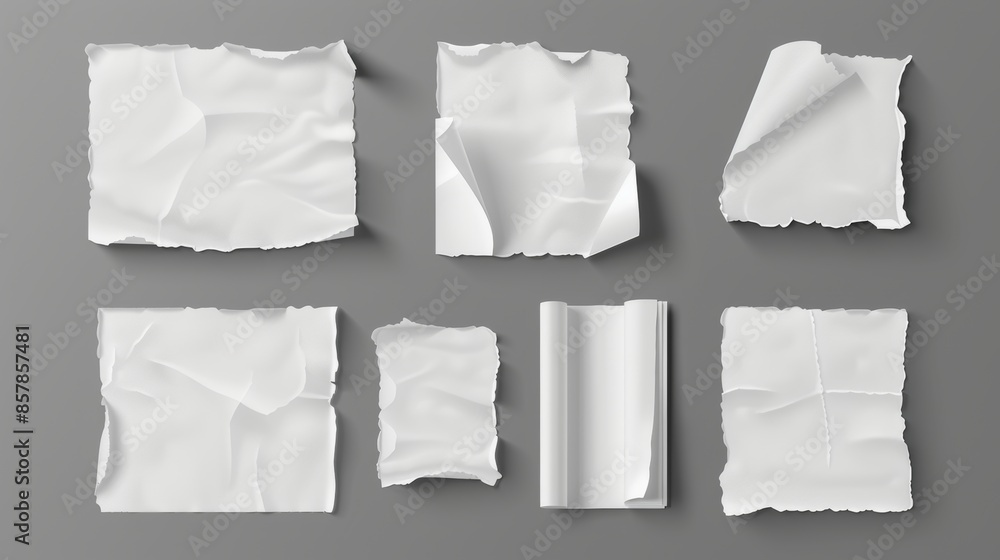 Flyers, advertisements, letters and brochures mockup with folds, crumpled torn pages isolated on grey background. Realistic 3D modern illustration set. Flyers, advertisements, letters and brochures mockup with folds, crumpled torn pages isolated on grey background. Realistic 3D modern illustration set.
