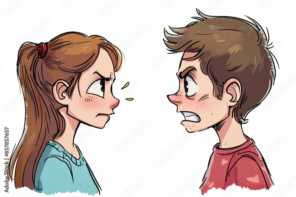 Cartoon illustration of angry girl and boy arguing Cartoon illustration of angry girl and boy arguing