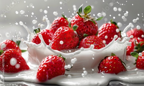 Three Red Strawberries Splashing In White Milk