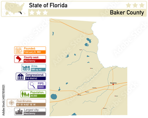 Detailed infographic and map of Baker County in Florida USA.