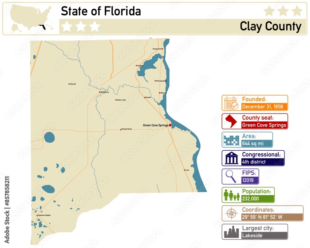 Fototapeta Detailed infographic and map of Clay County in Florida USA.
