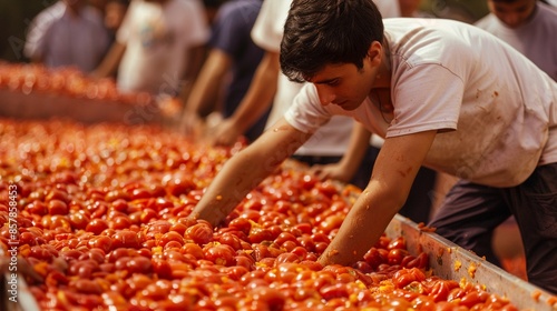 Streets filled with squashed tomatoes, people slipping and sliding, enjoying the fun chaos of the festival, a unique and vibrant tradition in Bunol photo