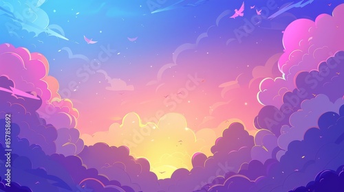Sunny summer day with fluffy clouds in a blue and pink gradient color. Panoramic airscape with pure air. Cartoon modern illustration. photo
