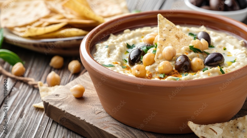 A close-up of a bowl of creamy chickpea and rice soup topped with parsley and served with a side of chickpeas A close-up of a bowl of creamy chickpea and rice soup topped with parsley and served with a side of chickpeas