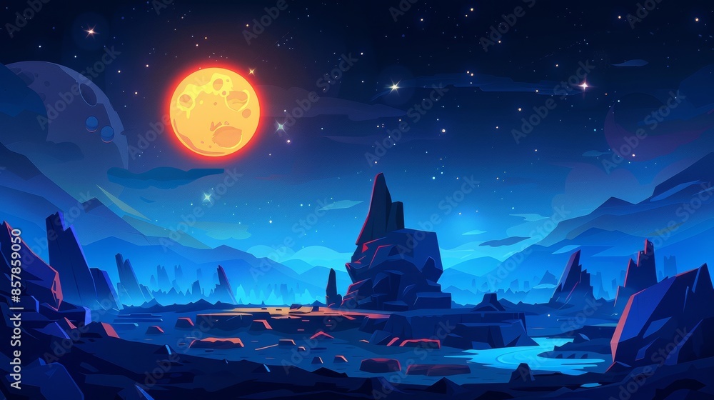 Landscape game with purple ground surface at night. Cartoon modern fantasy outer space scenery with rocks, mountains, and glowing elements, blue sky with big cosmos body. Landscape game with purple ground surface at night. Cartoon modern fantasy outer space scenery with rocks, mountains, and glowing elements, blue sky with big cosmos body.