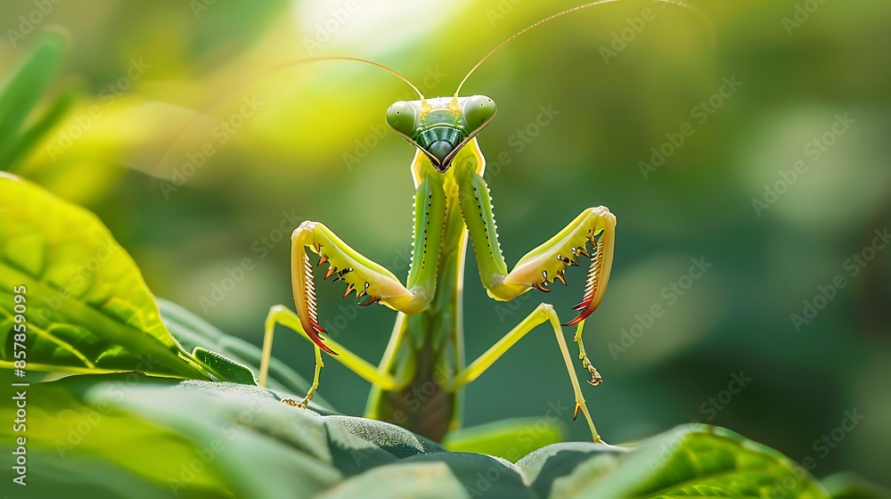 Praying mantis insect on the green leaf of plant Praying mantis insect on the green leaf of plant