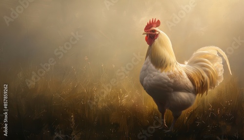 Majestic rooster standing in a misty field at sunrise, showcasing vibrant feathers and a proud stance.