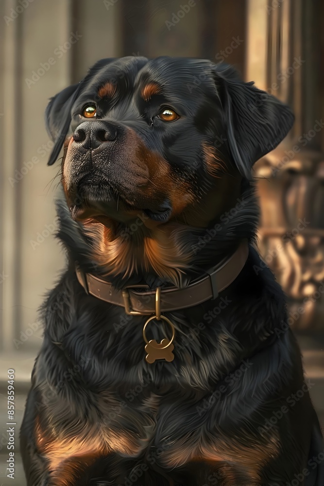 Powerful Rottweiler on Tranquil Suburban Porch,Luminous Oil Painting in Romantic Realism Style