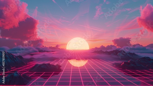 Retro neon sunset synthwave background from the 80s with abstract futuristic vaporwave, sun and mountain backdrop. Disco surreal vapor graphic design illustration for parties.