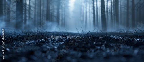 Mysterious foggy forest with dark tones and an eerie atmosphere, captured at ground level, creating a sense of mystery and intrigue.